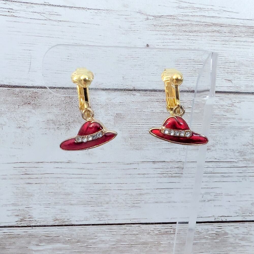 Vintage Clip On Earrings Red Hat Dangle
